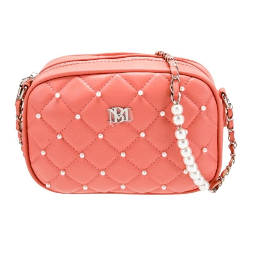 Badgley Mischka Coral Pink Quilted Diamond Pearl Crossbody Camera Bag Purse